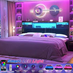 Upholstered Headboard with Drawer Storage and RGB LED Light, Sturdy Headboard with Charging Station  Bookcase