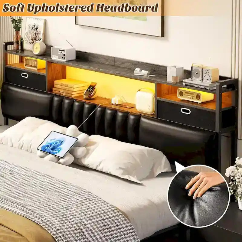 Upholstered Headboard with Drawer Storage and RGB LED Light, Sturdy Headboard with Charging Station  Bookcase