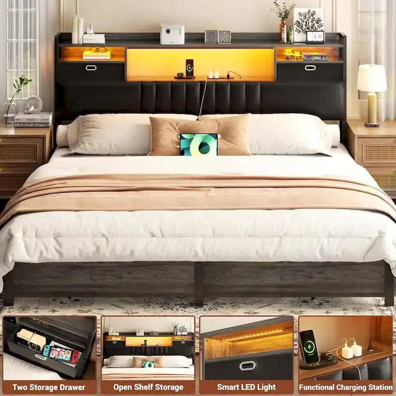 Upholstered Headboard with Drawer Storage and RGB LED Light, Sturdy Headboard with Charging Station  Bookcase