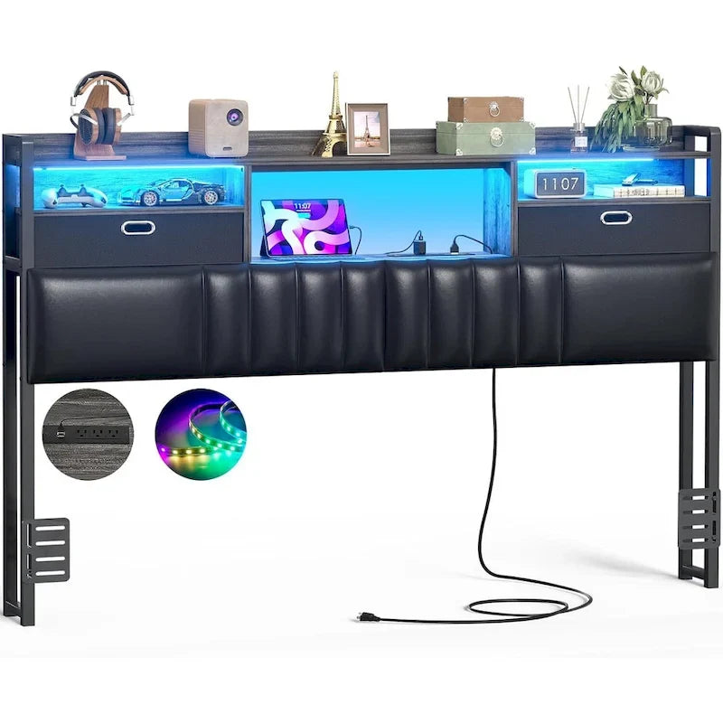 Upholstered Headboard with Drawer Storage and RGB LED Light, Sturdy Headboard with Charging Station  Bookcase