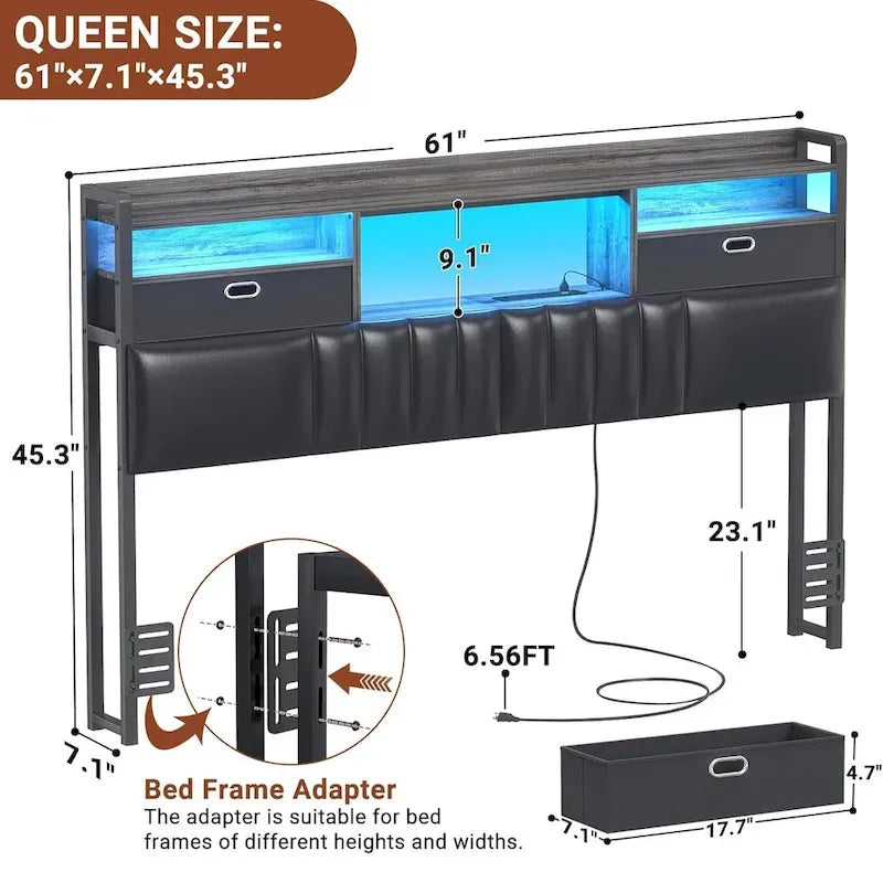 Upholstered Headboard with Drawer Storage and RGB LED Light, Sturdy Headboard with Charging Station  Bookcase