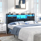 Upholstered Headboard with Drawer Storage and RGB LED Light, Sturdy Headboard with Charging Station  Bookcase