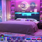 Upholstered Headboard with Drawer Storage and RGB LED Light, Sturdy Headboard with Charging Station  Bookcase