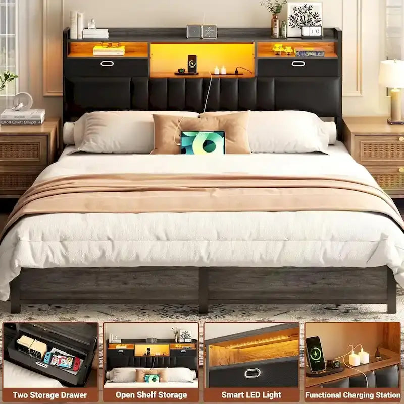 Upholstered Headboard with Drawer Storage and RGB LED Light, Sturdy Headboard with Charging Station  Bookcase
