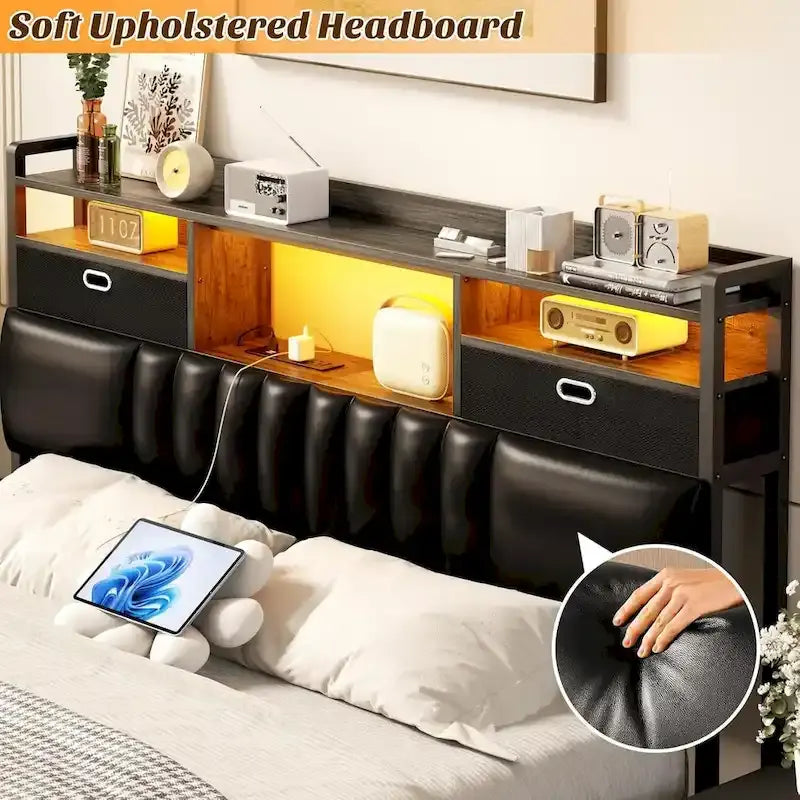 Upholstered Headboard with Drawer Storage and RGB LED Light, Sturdy Headboard with Charging Station  Bookcase