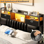 Upholstered Headboard with Drawer Storage and RGB LED Light, Sturdy Headboard with Charging Station  Bookcase