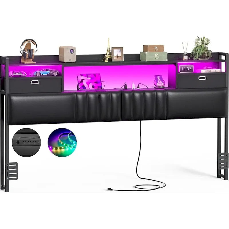 Upholstered Headboard with Drawer Storage and RGB LED Light, Sturdy Headboard with Charging Station  Bookcase