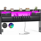 Upholstered Headboard with Drawer Storage and RGB LED Light, Sturdy Headboard with Charging Station  Bookcase