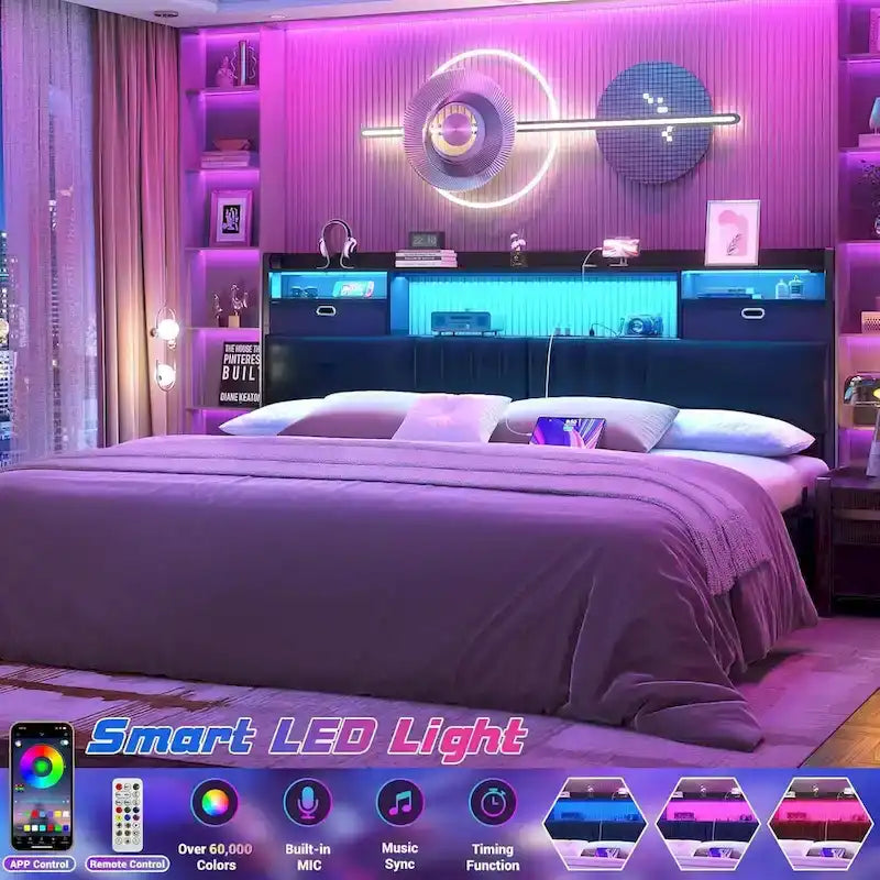 Upholstered Headboard with Drawer Storage and RGB LED Light, Sturdy Headboard with Charging Station  Bookcase