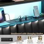Upholstered Headboard with Drawer Storage and RGB LED Light, Sturdy Headboard with Charging Station  Bookcase