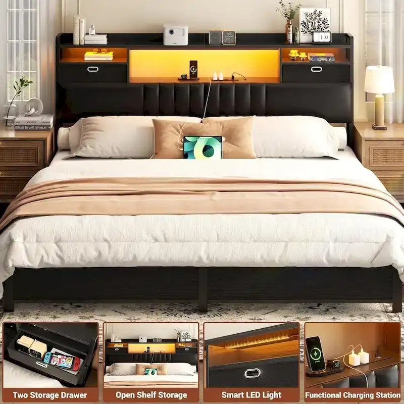 Upholstered Headboard with Drawer Storage and RGB LED Light, Sturdy Headboard with Charging Station  Bookcase