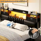 Upholstered Headboard with Drawer Storage and RGB LED Light, Sturdy Headboard with Charging Station  Bookcase