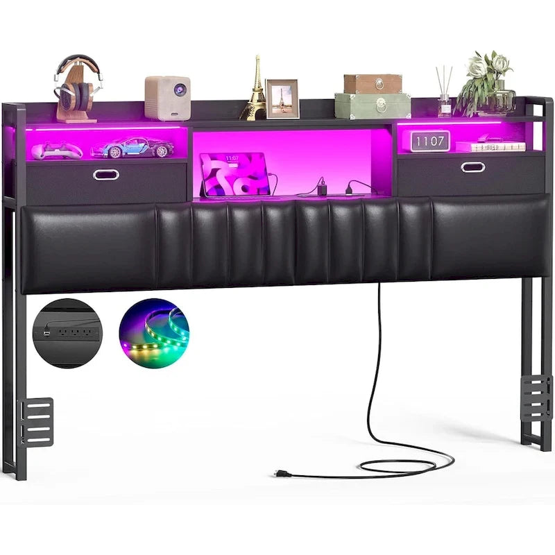 Upholstered Headboard with Drawer Storage and RGB LED Light, Sturdy Headboard with Charging Station  Bookcase