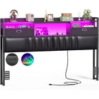 Upholstered Headboard with Drawer Storage and RGB LED Light, Sturdy Headboard with Charging Station  Bookcase