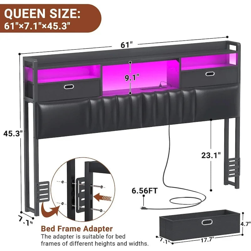 Upholstered Headboard with Drawer Storage and RGB LED Light, Sturdy Headboard with Charging Station  Bookcase