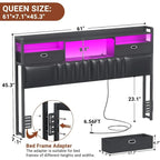 Upholstered Headboard with Drawer Storage and RGB LED Light, Sturdy Headboard with Charging Station  Bookcase
