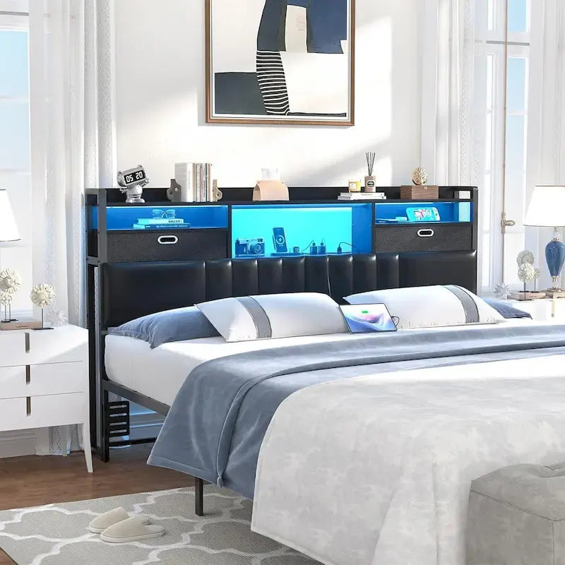 Upholstered Headboard with Drawer Storage and RGB LED Light, Sturdy Headboard with Charging Station  Bookcase
