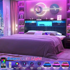 Upholstered Headboard with Drawer Storage and RGB LED Light, Sturdy Headboard with Charging Station  Bookcase