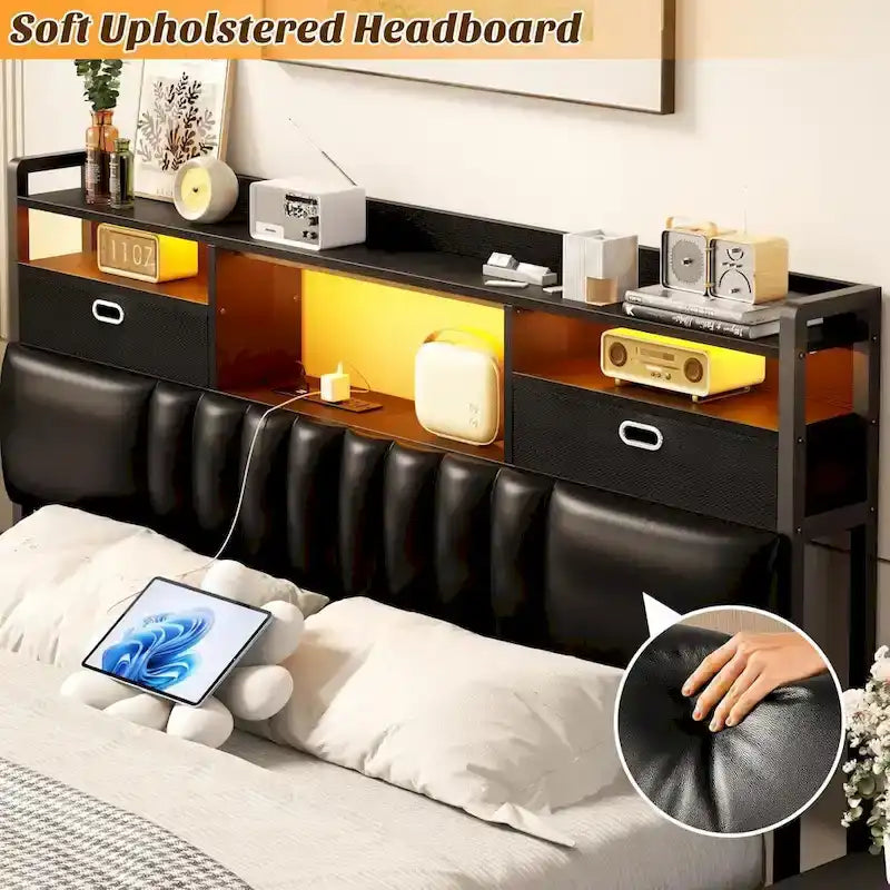 Upholstered Headboard with Drawer Storage and RGB LED Light, Sturdy Headboard with Charging Station  Bookcase