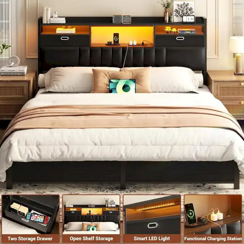 Upholstered Headboard with Drawer Storage and RGB LED Light, Sturdy Headboard with Charging Station  Bookcase
