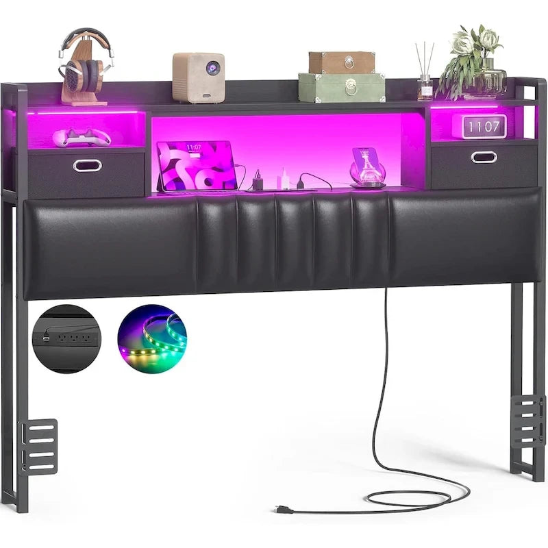 Upholstered Headboard with Drawer Storage and RGB LED Light, Sturdy Headboard with Charging Station  Bookcase