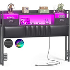 Upholstered Headboard with Drawer Storage and RGB LED Light, Sturdy Headboard with Charging Station  Bookcase