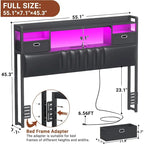 Upholstered Headboard with Drawer Storage and RGB LED Light, Sturdy Headboard with Charging Station  Bookcase