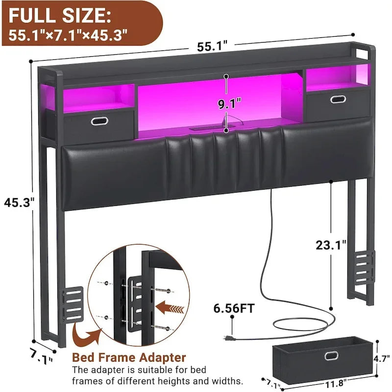 Upholstered Headboard with Drawer Storage and RGB LED Light, Sturdy Headboard with Charging Station  Bookcase