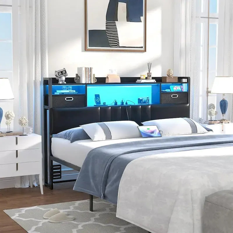 Upholstered Headboard with Drawer Storage and RGB LED Light, Sturdy Headboard with Charging Station  Bookcase