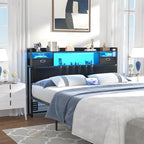Upholstered Headboard with Drawer Storage and RGB LED Light, Sturdy Headboard with Charging Station  Bookcase