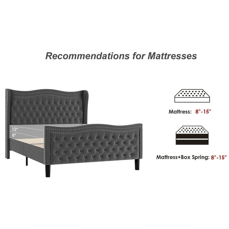 King Size Modern Style Velvet Platform Bed with Upholstered Headboard for Bedroom