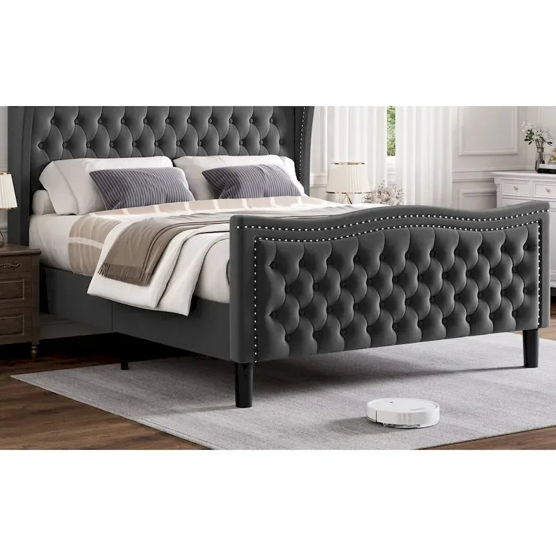 King Size Modern Style Velvet Platform Bed with Upholstered Headboard for Bedroom