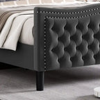 King Size Modern Style Velvet Platform Bed with Upholstered Headboard for Bedroom