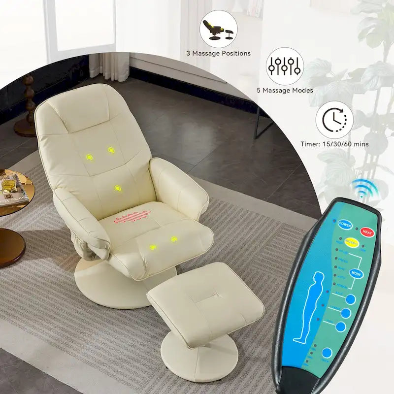 PU Leather 360 Swivel Massage Recliner Chair with Ottoman, Massage and Heated Seat, 140 Adjustable Backrest