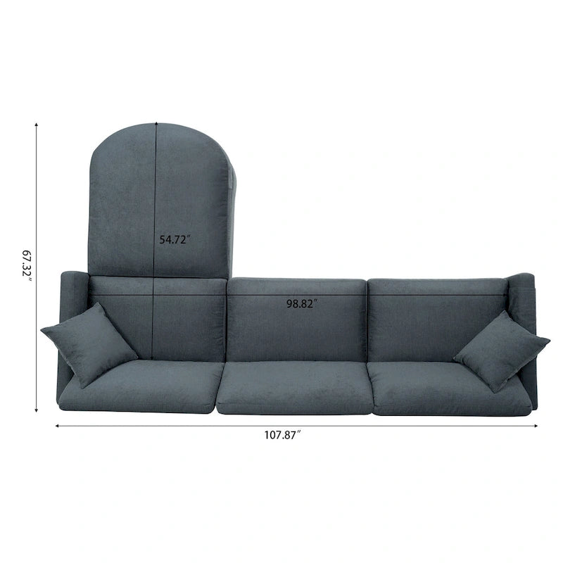 Grey 107.87 Removable Cushion 4 Seater Sectional Sofa with Movable Ottoman, Storage Armrest Bag