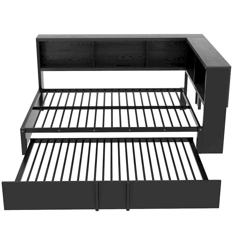 Full Metal Daybed with Trundle, Storage Cabinets, and USB Ports