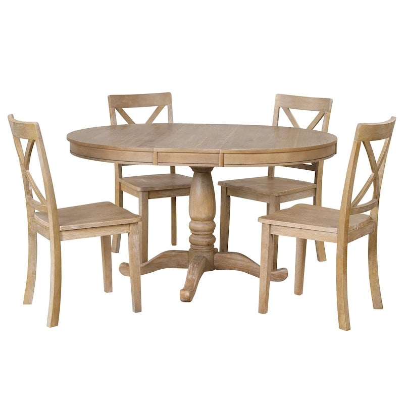 Natural Wood Wash 5-Piece Wooden Dining Table Set with Expandable Round Table & 4 Chairs