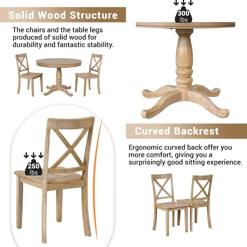 Natural Wood Wash 5-Piece Wooden Dining Table Set with Expandable Round Table & 4 Chairs