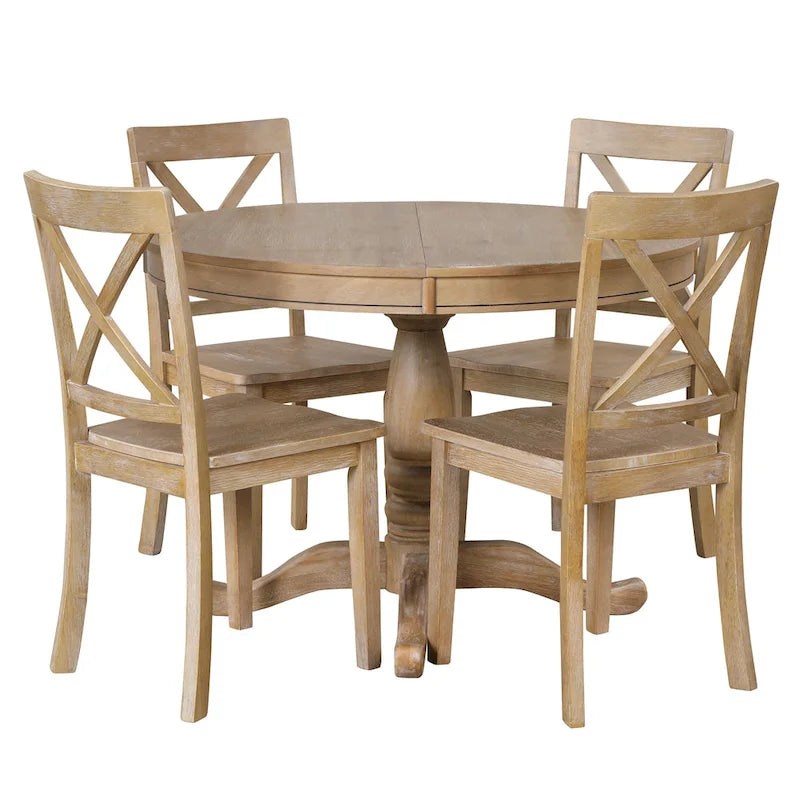 Natural Wood Wash 5-Piece Wooden Dining Table Set with Expandable Round Table & 4 Chairs