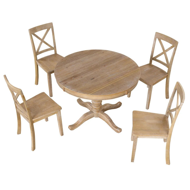 Natural Wood Wash 5-Piece Wooden Dining Table Set with Expandable Round Table & 4 Chairs