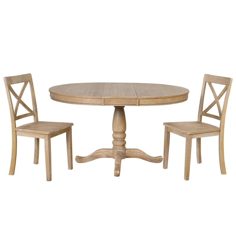 Natural Wood Wash 5-Piece Wooden Dining Table Set with Expandable Round Table & 4 Chairs