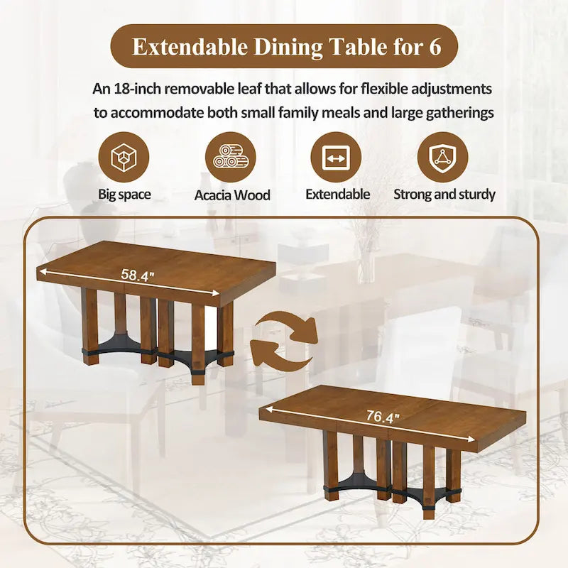 Rustic Style 7-Piece Extendable Dining Table Set with Removable Leaf, 2 Arm Chairs and 4 Armless Chairs