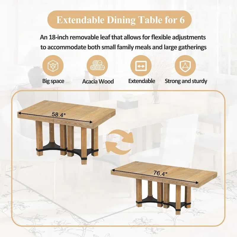 Rustic Style 7-Piece Extendable Dining Table Set with Removable Leaf, 2 Arm Chairs and 4 Armless Chairs