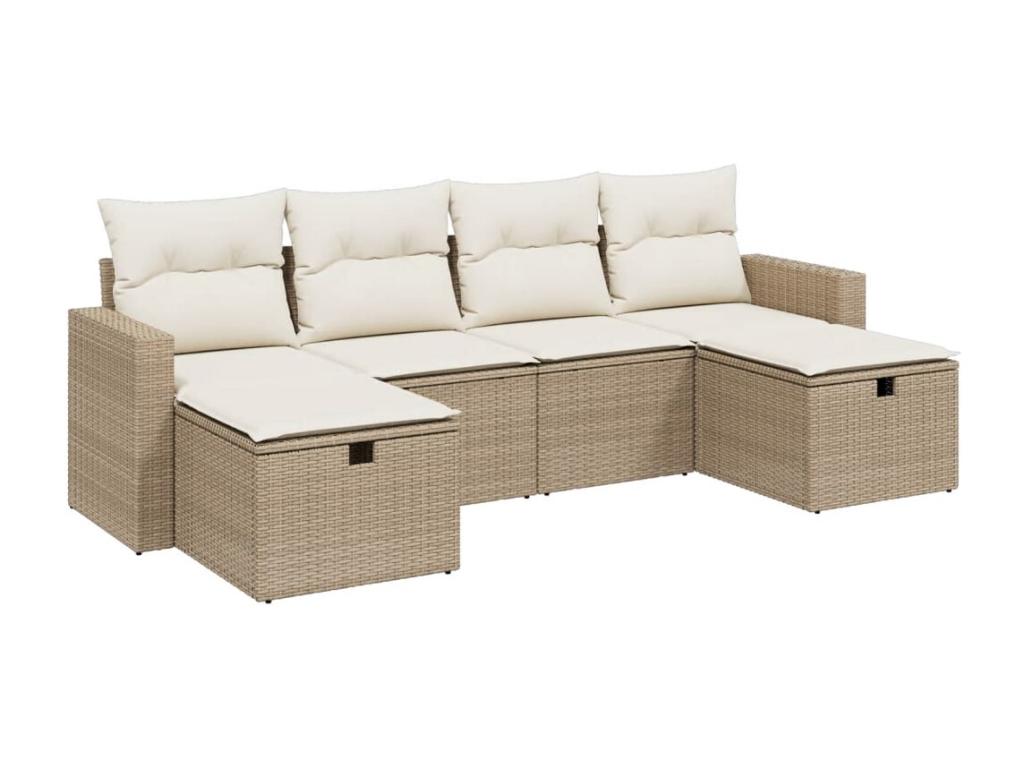 6-piece garden furniture set with cushions, beige wicker resin, 35629TJXL