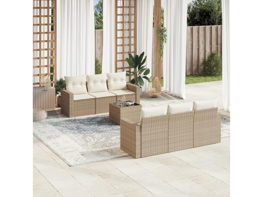 7-piece garden furniture set with cushions, beige wicker resin, 75151VTFS