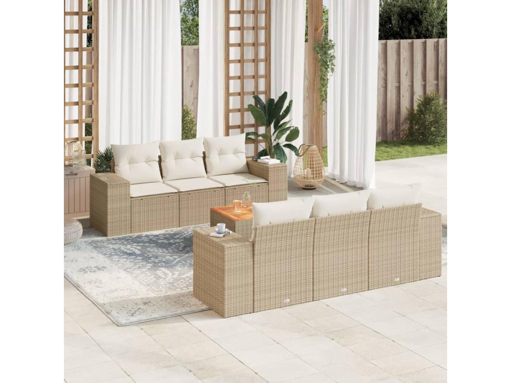 7-piece garden furniture set with cushions, beige woven resin, 17944CCJU