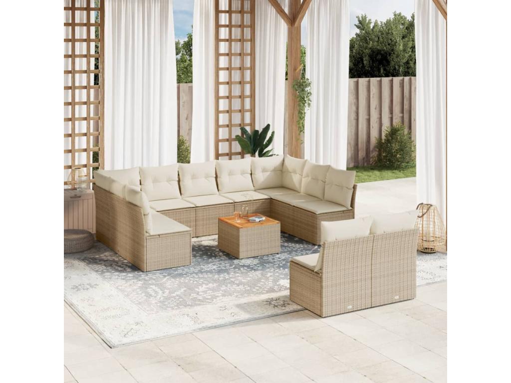 12-piece garden furniture set with cushions, beige woven resin, 14838XOBB