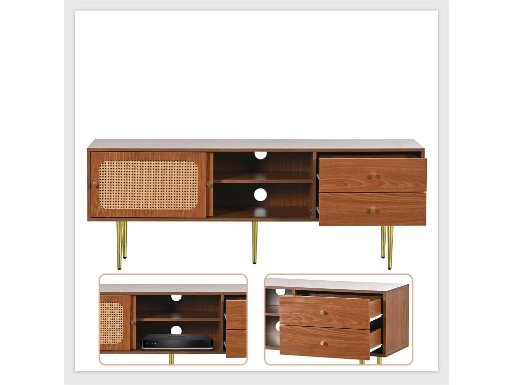 160cm TV stand with 2 sliding rattan doors and 2 utility drawers - solid wood legs in a golden finish - brown 23609SSKX
