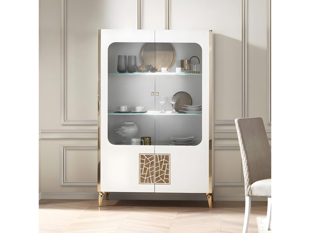 2-Door Hinged Display Cabinet with LED Lighting, Glossy White/Gold - Artvivrestore 85951YJJJ