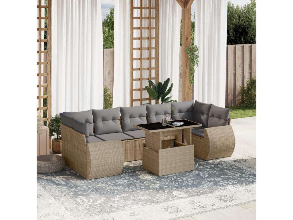 8-piece garden furniture set with cushions, beige woven resin, 81403LKAX